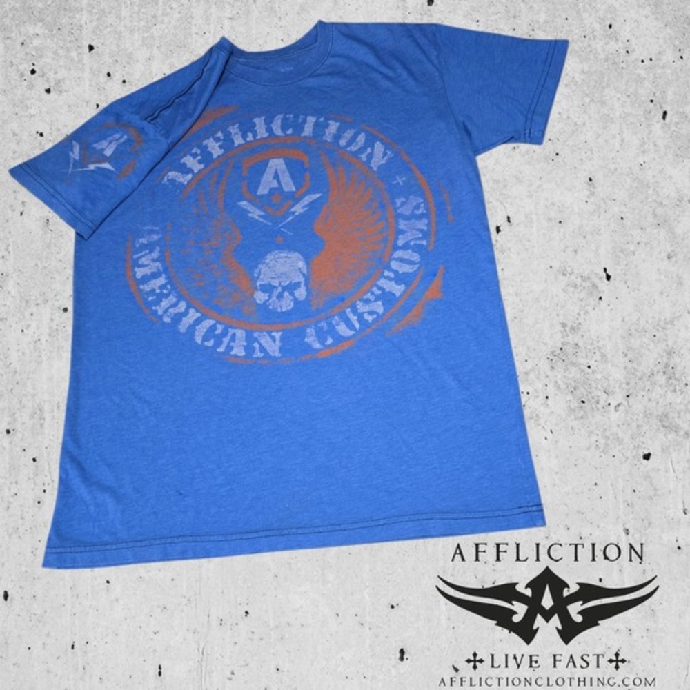 Affliction T Shirt Mens American Customs Skull Wing Graphic Blue Large